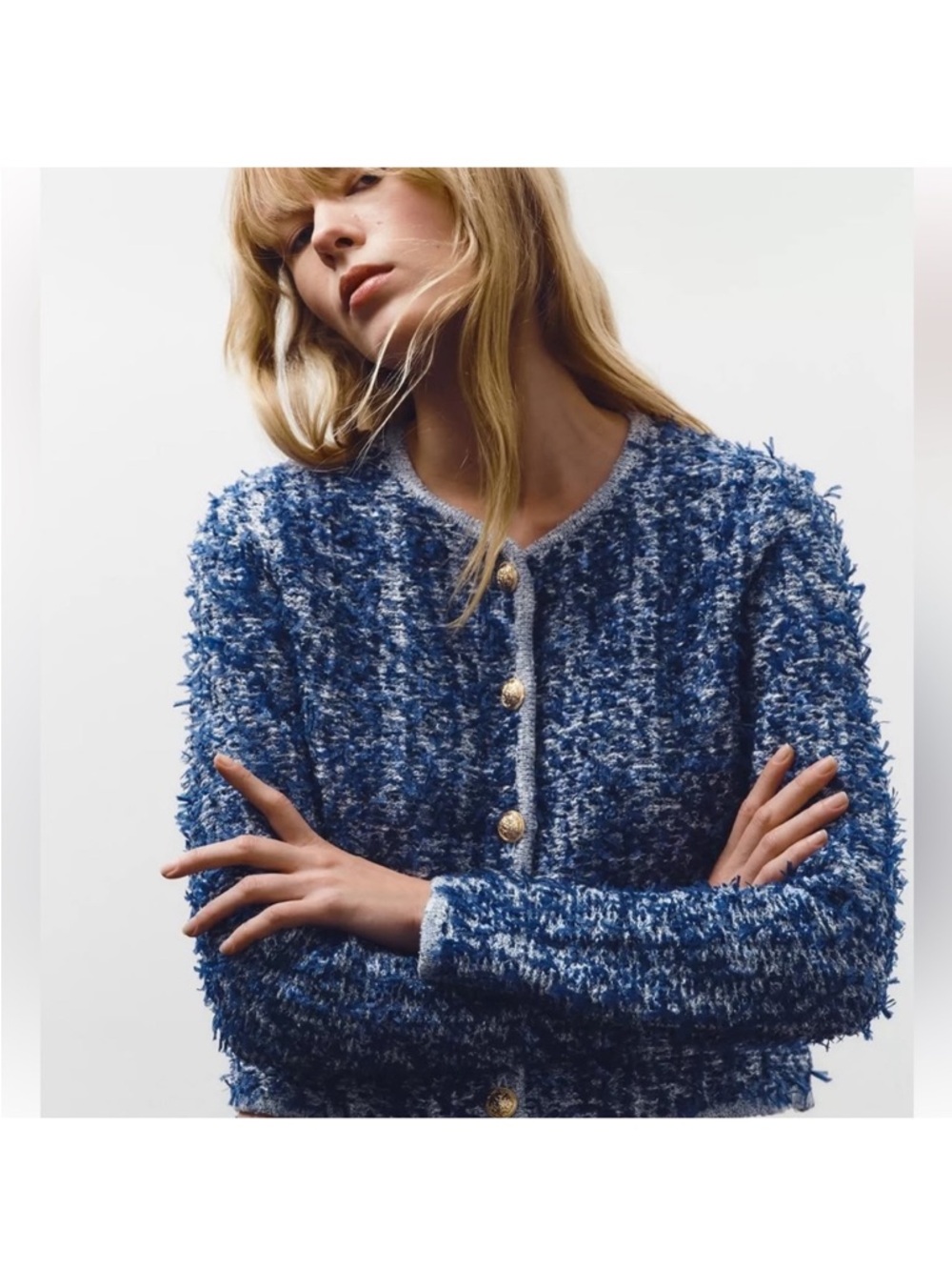 Zara textured boucle gold button cardigan